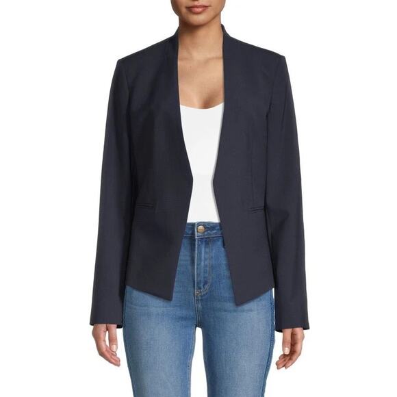 Theory Womens Lanai Blazer Size 10 Navy Blue Bistretch Cutaway Open Front Career - Picture 1 of 14